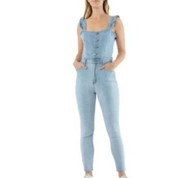 ALMOST FAMOUS Women's Overalls Ruffle Sleeves Size Medium Blue - Picture 2 of 15